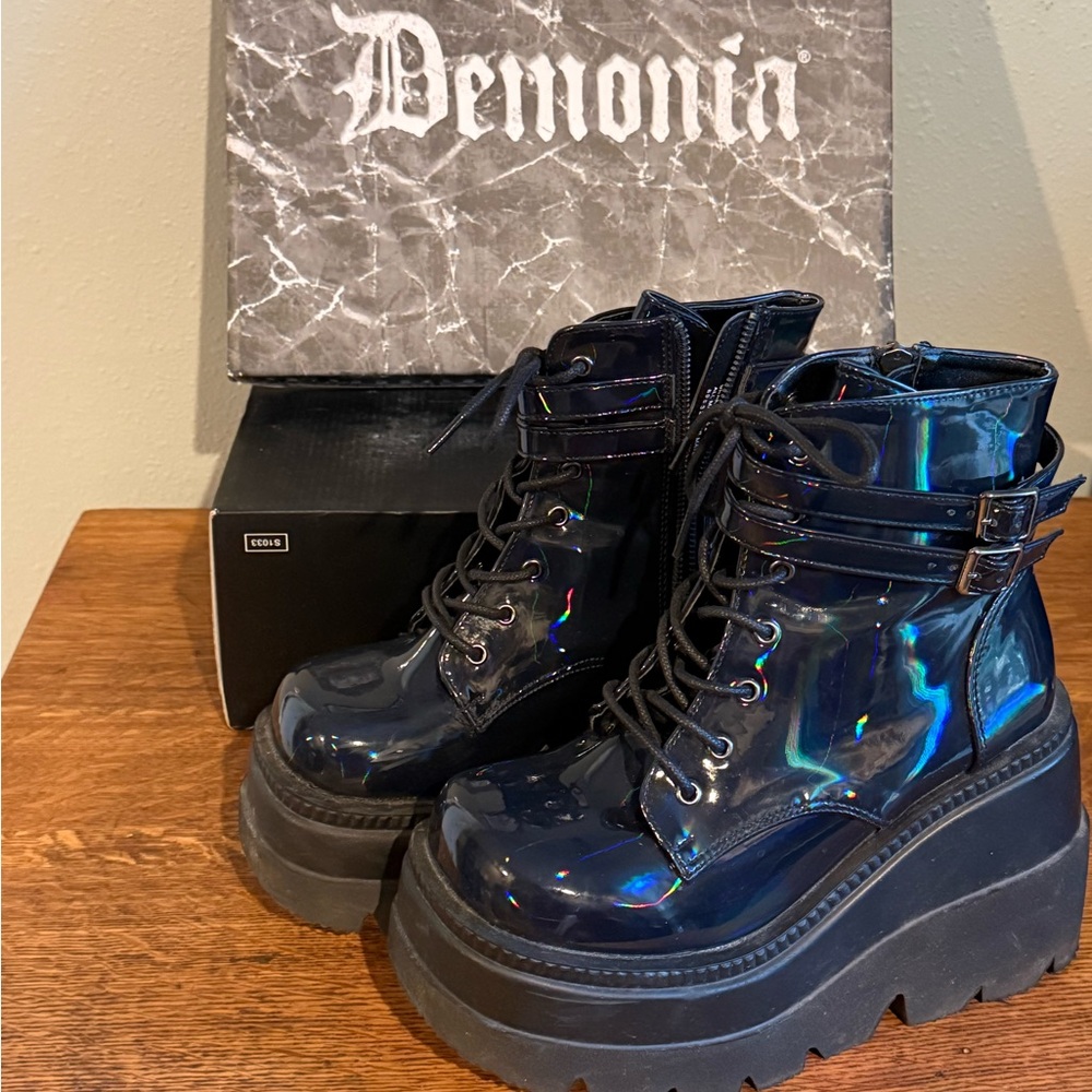 Demonia holographic black platform ankle boots. Size 8. Worn once.